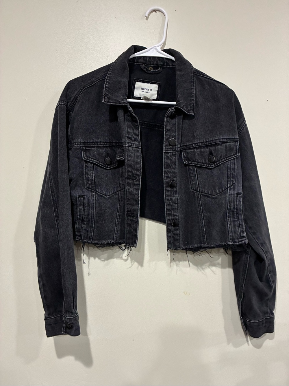 Forever 21 Black Cropped Distressed Denim Jacket